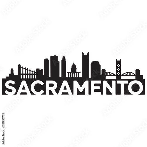Sacramento city skyline horizontal banner.  Sacramento city, California USA. Vector template for your design. Vector black silhouette. with white background