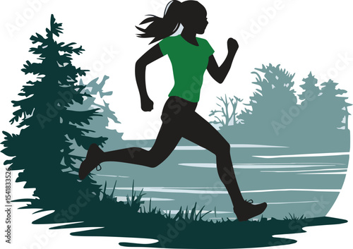 Woman jogging outdoors silhouette isolated on white background