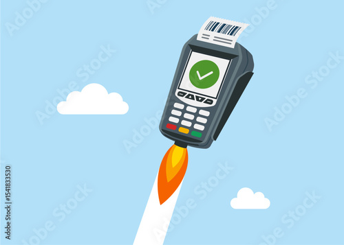 Dataphone with a rocket flying high. Technology for business. POS terminal confirms the payment made through mobile phone. Vector illustration