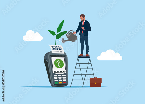 Businessman watering growth seedling on POS point of sale terminal for credit card payment. Flat vector illustration.