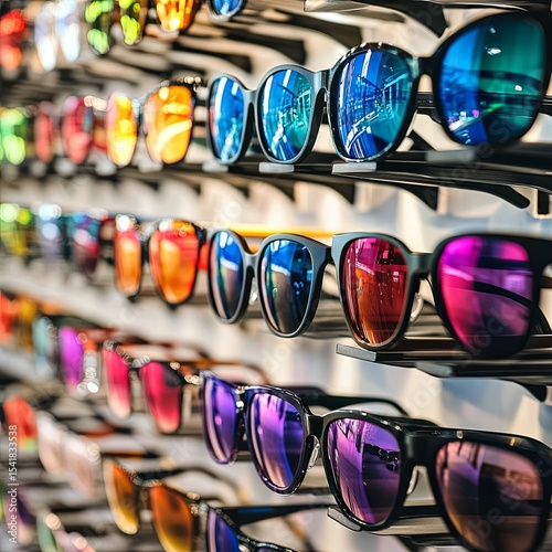 Many beautiful and colorful sunglasses displaying in store