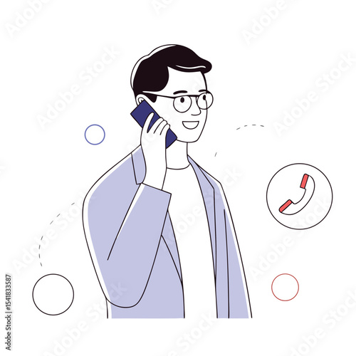 Smiling Caucasian man with glasses is talking cheerfully on his smartphone in simple art