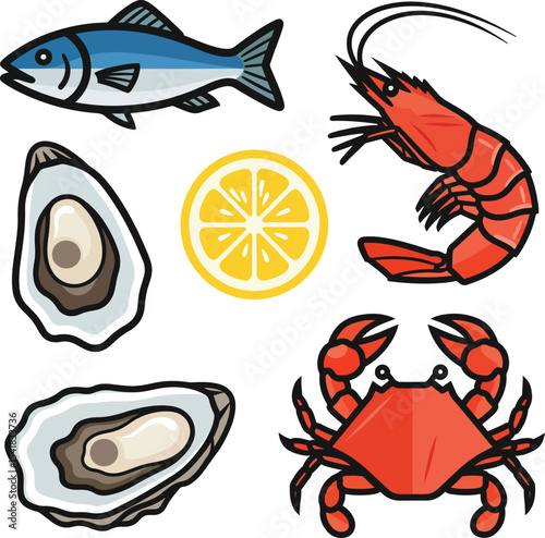seafood vector set – fish, prawn, crab, oyster, lemon slice – flat minimal with thick border and clear shapes.