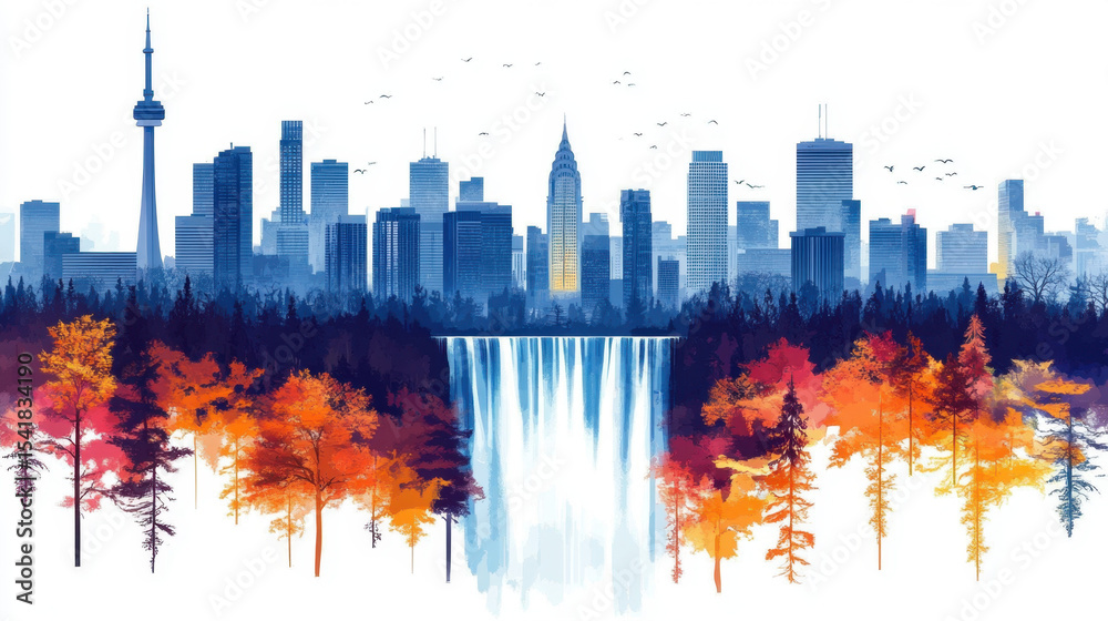 Obraz premium Autumnal Cityscape with Waterfall Blue and Orange Hues
