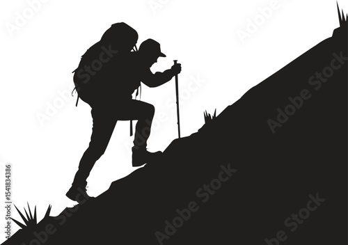 Silhouette of Mountain Climber. Adventure, risk, outdoors, hike, challenge. Vector illustration on white background