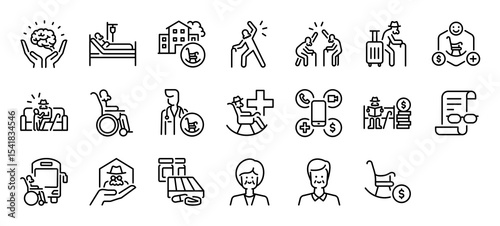 Set of Senior people vector stroke icons. such as Healthy , Hospital, Elderly, Exercise, People, Travel, Retirement, Relationship, Disabled, Medical, Elderly, Reading, Transport, Support illustration.