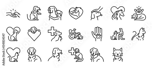 Set of Pet therapy vector stroke icons. such as Animal, Dog, Love, Woman, man, Cat, Care illustration.