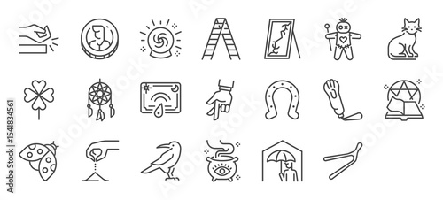 Set of Superstition vector stroke icons. such as Tradition, Currency, Fortune, Tool, Glass, Malediction, Animal, Clover, Dream, Communication, Fingers, Horseshoe, Rabbit, Book illustration.