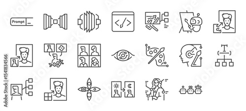 Set of Ai image generator vector stroke icons. such as Image, Machine Learning, Paint, Video, Photo, Super Resolution, Transfer, Eye, Art, Increase, Algorithm, Background, Update illustration.