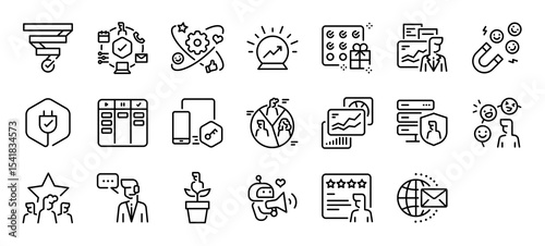 Set of Crm vector stroke icons. such as Management, Management, App, Growth, Redeem, Business, Magnetic, Electric, Schedule, Technology, Clients, Database, Review, People, Customer illustration.