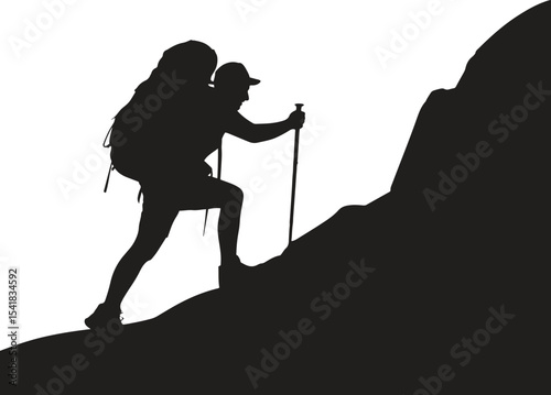Silhouette of Mountain Climber. Adventure, risk, outdoors, hike, challenge. Vector illustration on white background