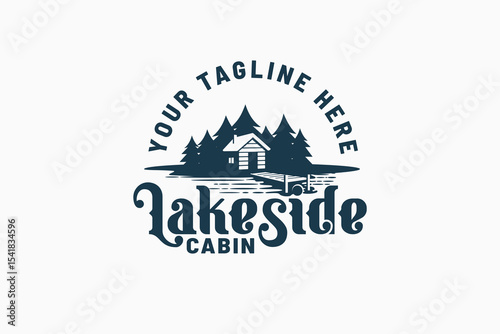 lakeside cabin logo with a combination of pine forest, a wooden cabin and lake view. It is good for property business, rental, travel, etc.
