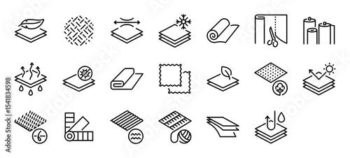 Set of Fabric vector stroke icons. such as Soft, Fiber, Flexible, Cool, Material, Shop, Fabric, Technology, Swatch, Nature, Sun, Pilling, Colors illustration.