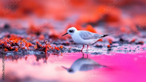 Centered composition, a bird on the sea, high saturation
