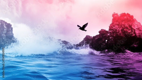Centered composition, a bird on the sea, high saturation
