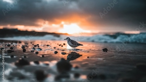 Centered composition, a bird on the sea, high saturation
