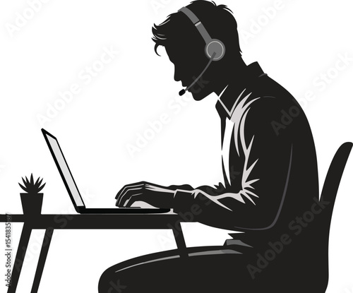Silhouette Remote Worker with Headset. Customer service, telework, call center, support. Vector Illustration on White Background
