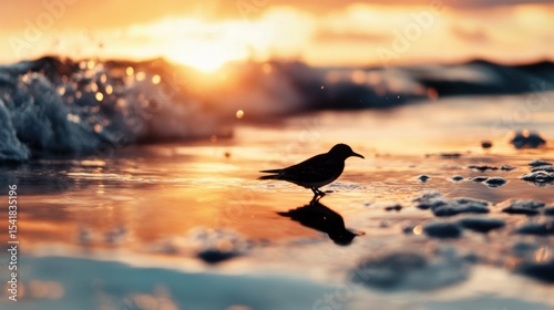 Centered composition, a bird on the sea, high saturation
