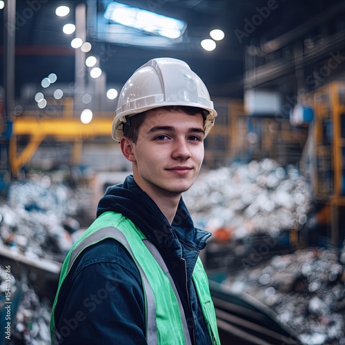 Portrait of a young worker in a hard hat at a large waste recycling factory. The engineer monitors the work of machines and other equipment.
