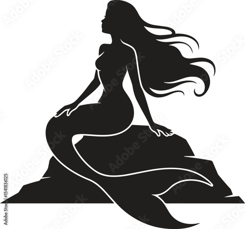 Silhouette of Mermaid on Rock. Ocean, mythical, fantasy, beauty, sea. Vector illustration on white background