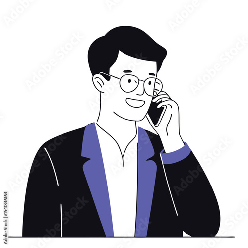 Young Asian man wearing glasses is talking on his mobile phone happily