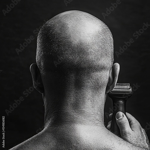 Portrait of back bald man head holding a trimmer in his hand. The concept of hair loss and hair transplantation