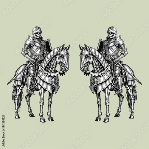 Two medieval knights in shining armor poised for battle on grassy field