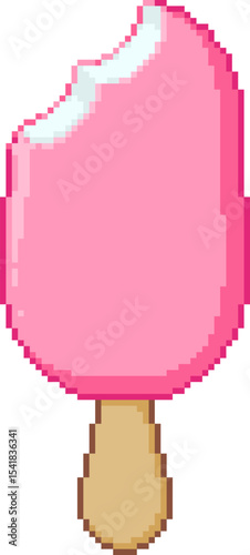 Pixel art illustration of a pink ice cream bar on a stick with a bite taken out. Retro style dessert design, vector.
