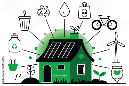 Eco house with wind turbines, a cartoon illustration of a sustainable home in a summer village landscape