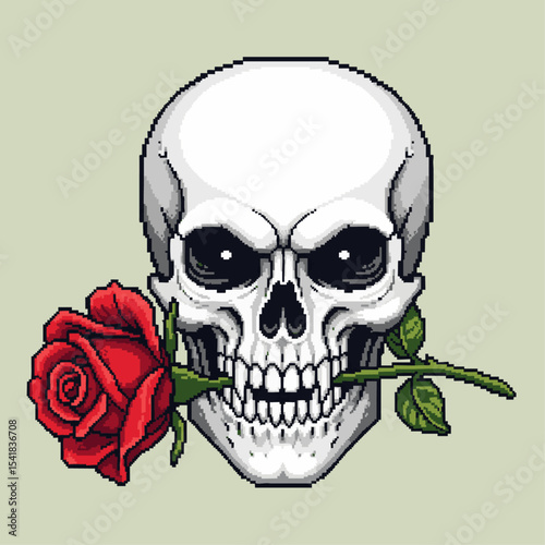Detailed artistic depiction of a human skull with red rose leaves symbolizing mortality and beauty