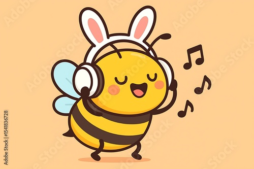 Cute BunnyEared Bee Listening to Music Joyfully Dancing