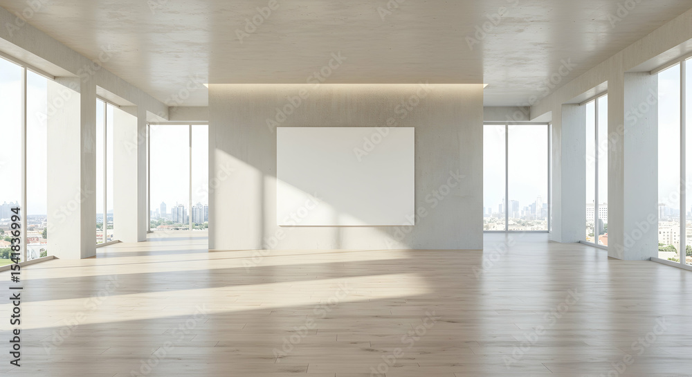 Fototapeta premium Bright modern gallery interior with blank canvas and city view