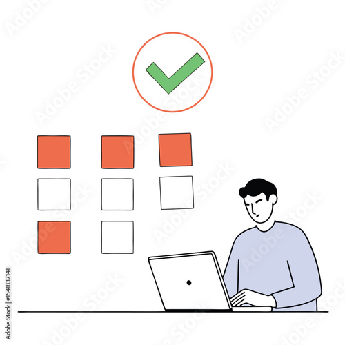 Happy man is working on his laptop with completed task calendar above