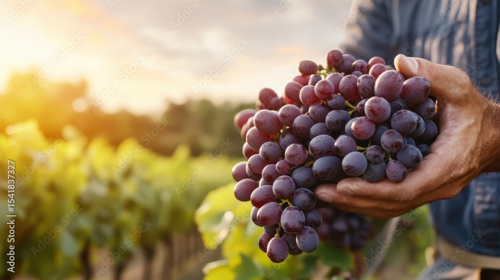 Naklejka premium A vibrant close-up of a man's hands cradling a bunch of freshly harvested grapes, with a sunlit vineyard backdrop, representing abundance, nature, and the joy of agriculture.