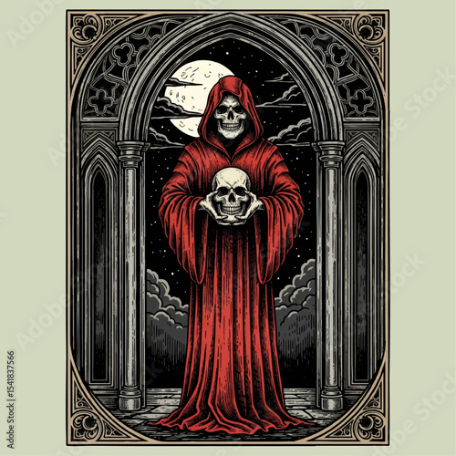 Mystical Wiccan Practitioner Wearing Black Robes Holding Skull Amid Gothic Setting