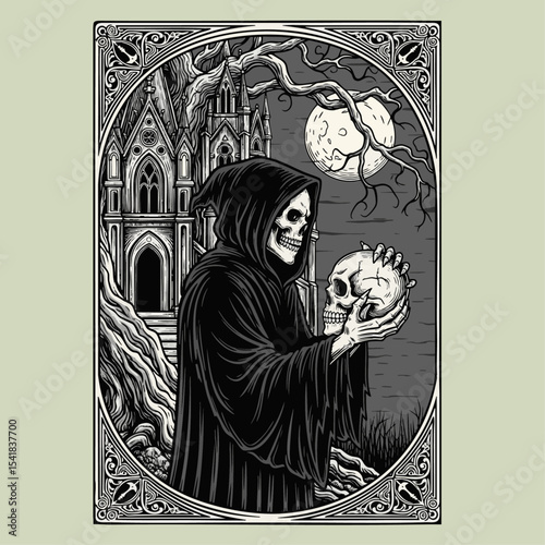Dark Grim Reaper Holding Skull Amid Gothic Castle and Haunted Forest