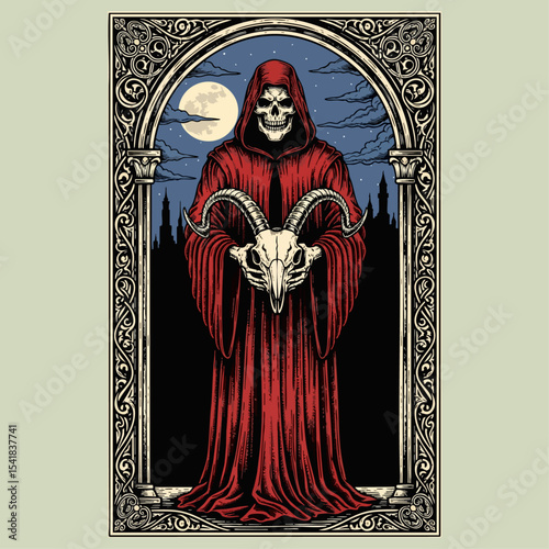Dark mysterious Grim Reaper illustration with skeletal figure and red robe