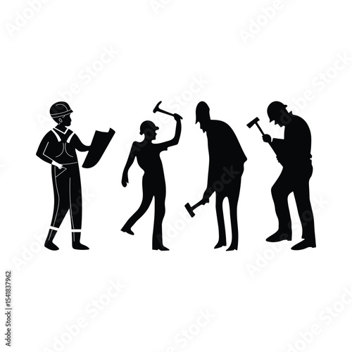 Construction Workers and Site Engineer Silhouette Vector Illustration Working with Tools, Equipment, and Building Plans