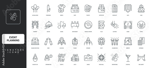 Timeline plan of celebration, music thin black symbols vector illustration. Event planning, wedding and birthday party, conference organization, registration and invitation line icon set.