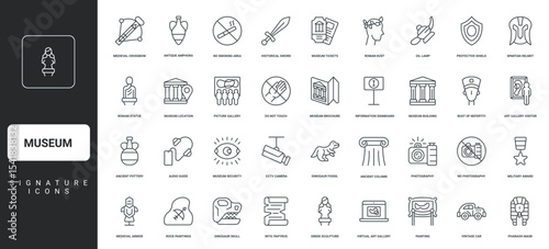 Greek column and Roman bust, old car, info signs, painting thin black symbols vector illustration. Museum, art gallery, antique exhibits, exposition visual tour and audio guide line icon set.