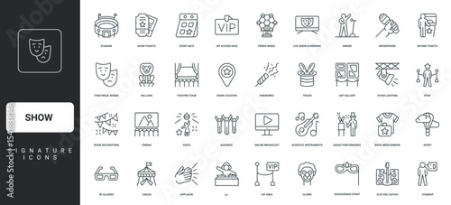Magic illusionist tricks, fireworks display, spotlight thin black symbols vector illustration. Show and event, performance for audience in circus and theater, cinema and concert line icon set.