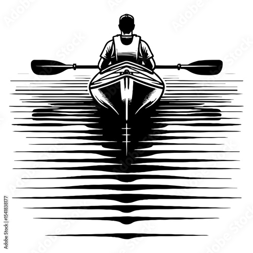 Kayaker Viewed From The Back, Still Water Reflection in Black and White Silhouette