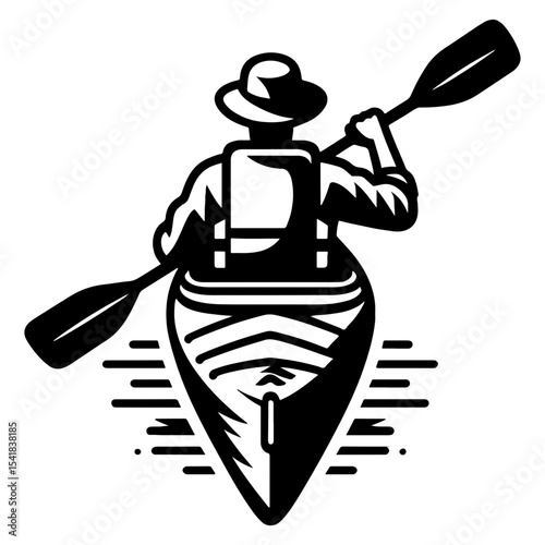 Back View of Kayaker Gliding Downstream in Black and White Illustration