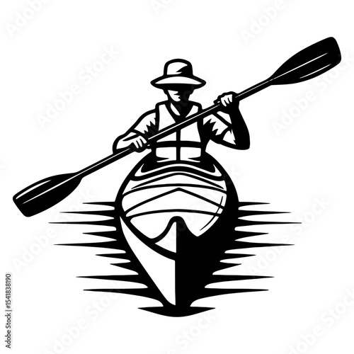 Kayaker Paddling Straight Ahead Wearing Wide Brim Hat in Black and White Illustration