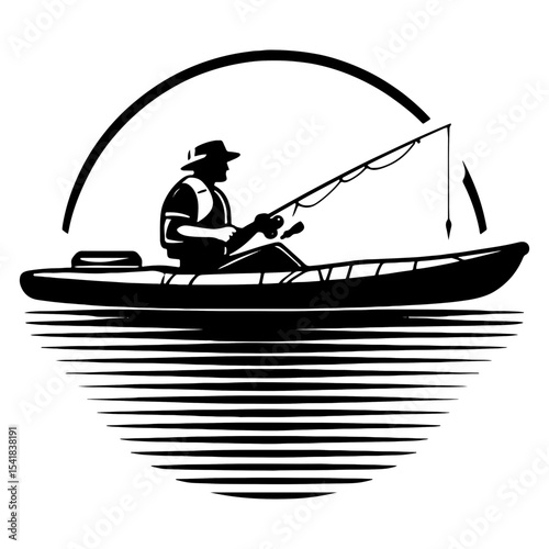 Man Fishing from Kayak at Sunset in Black and White Silhouette Scene