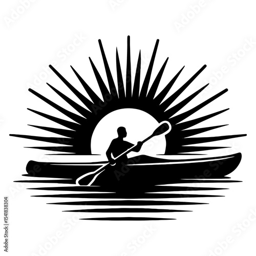 Silhouette of Person Kayaking at Sunrise with Radiating Light in Black and White Design