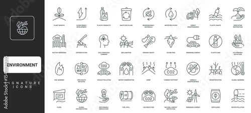 Treatment of air and water pollution, CO2 reduction, forest and animal care thin black red symbols vector illustration. Environment problem and solution to save ecology of planet Earth line icon set.