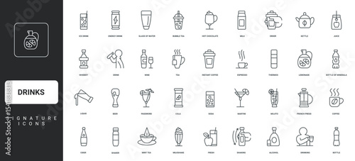 Drinking person, summer cocktail and soda water thin black symbols vector illustration. Drinks, bar and restaurant beverage menu, glass of alcohol, hot coffee and bubble tea line icon set.