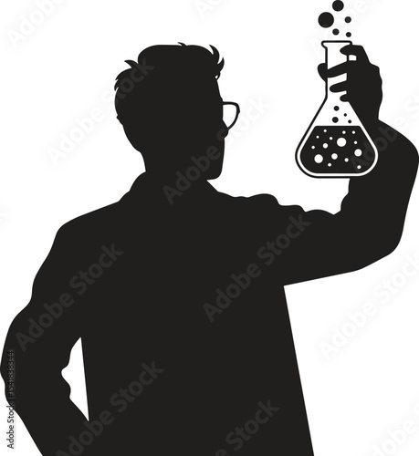 Silhouette of Scientist Holding Flask. Lab, research, experiment, chemistry, education. Vector illustration on white background