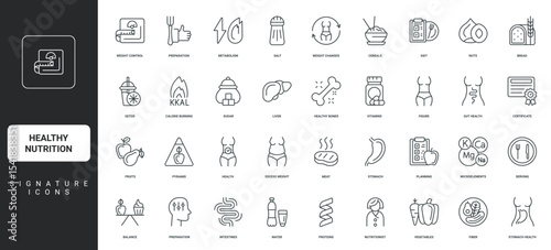 Calories and nutrients, metabolism, detox for health thin black symbols vector illustration. Healthy nutrition, diet planning with nutritionist, food pyramid and weight control line icon set.
